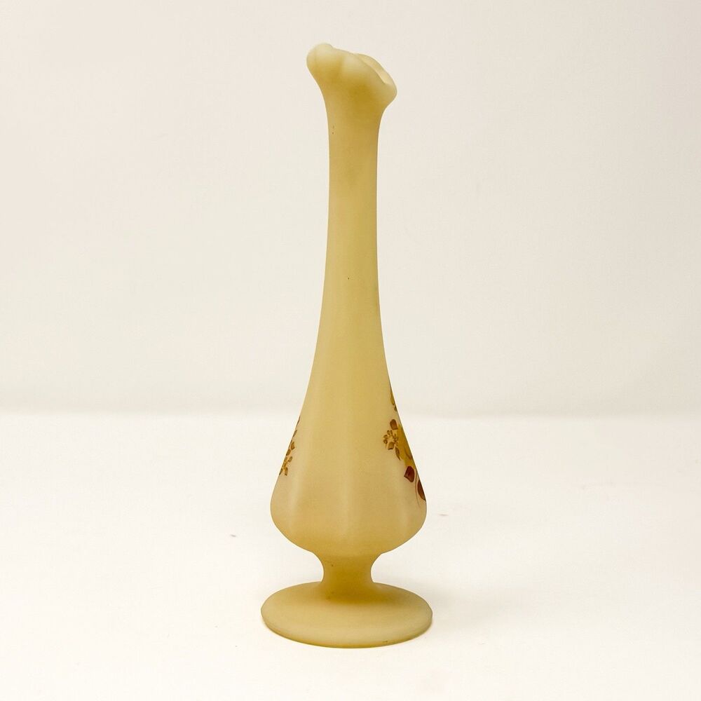 Vintage Fenton Custard Glass Swung Bud Vase Hand Painted Floral Signed 8” - Picture 4 of 6